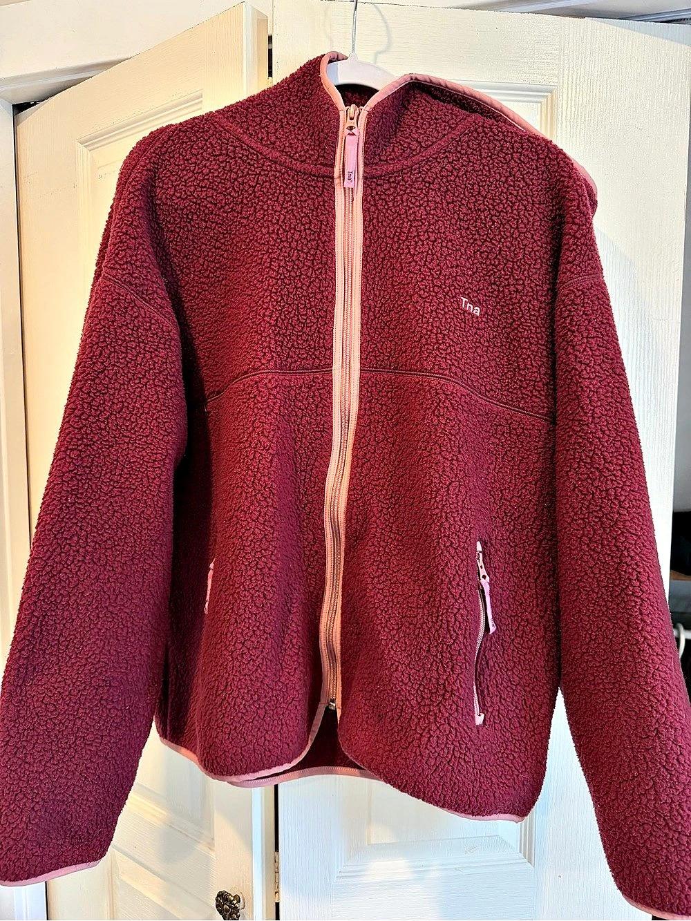 Aritzia TNA Burgundy polar Fleece Hooded Jacket